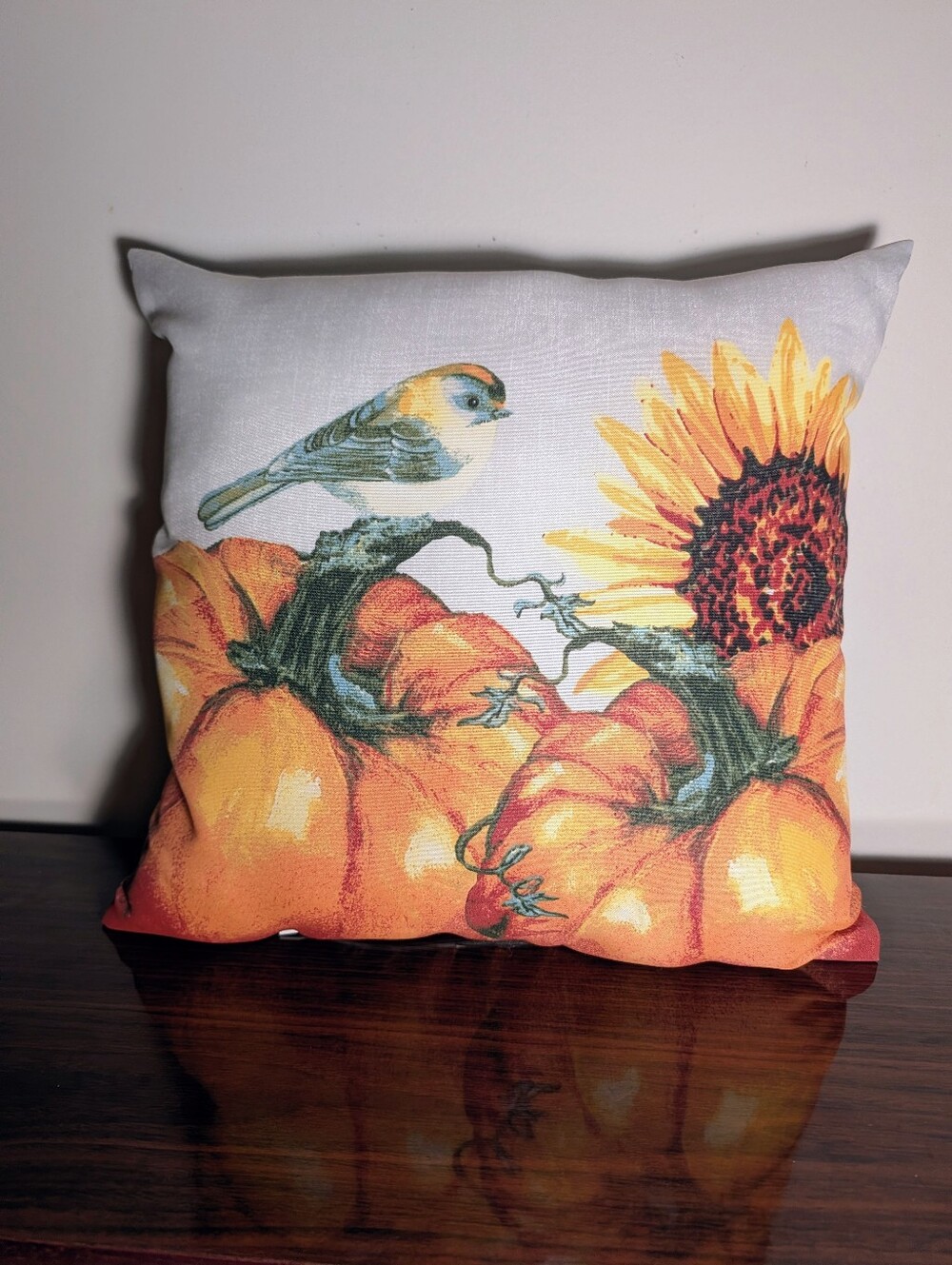 Fall Decorative Pillow with Pumpkin, Sunflower & Bird